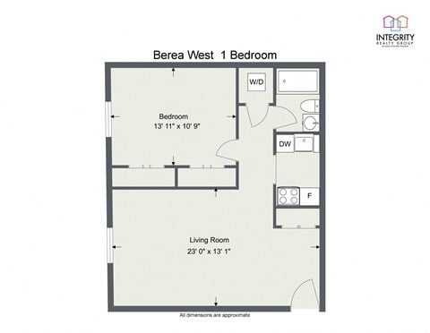 Floor plan for 1 bed, 1 bath, 670 sqft